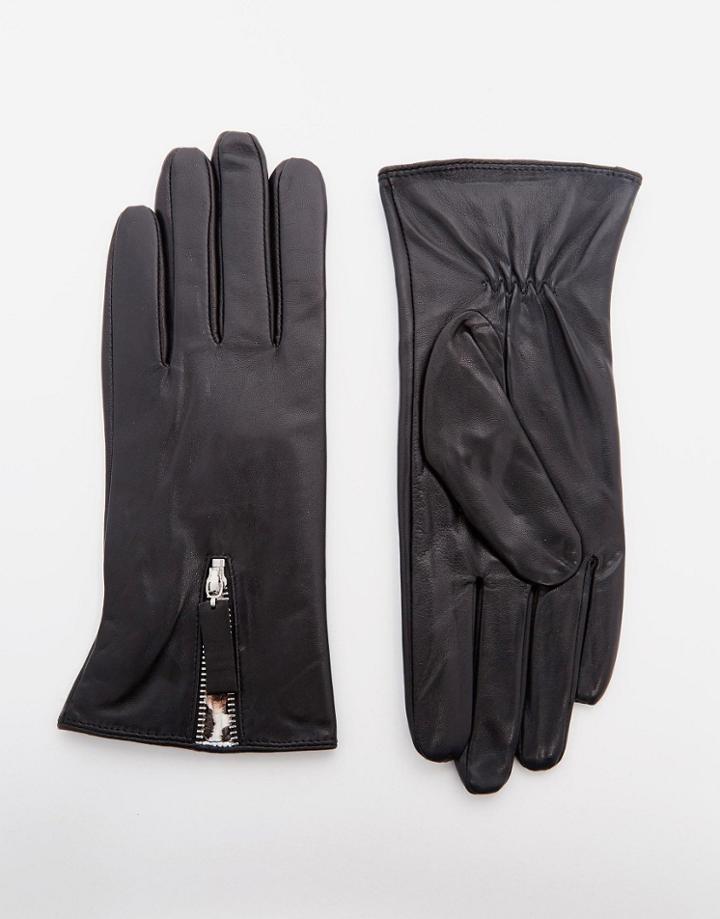 Pia Rossini Leather Gloves With Leopard Insert - Black