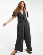 Asos Design Puff Sleeve Channel Tie Waist Twill Jumpsuit In Washed Black