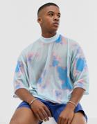 Asos Design Oversized T-shirt With Turtleneck In Fine Mesh With Tie Dye Wash-blue