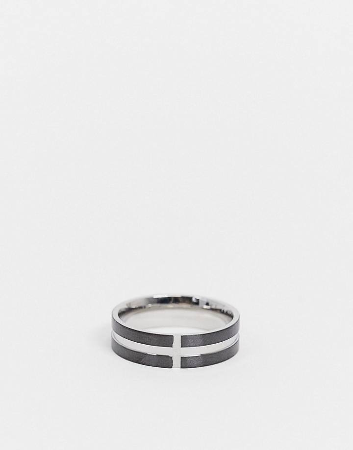 Asos Design Stainless Steel Band Ring With Cross In Black And Silver Tone