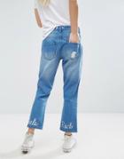 Daisy Street Cropped Distressed Jeans With Girls Rock Embroidery - Blue