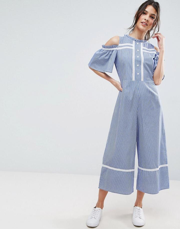 Asos Cold Shoulder Jumpsuit In Cotton Stripe With Embroidery Detail - Blue