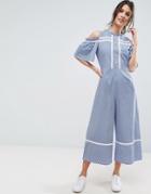 Asos Cold Shoulder Jumpsuit In Cotton Stripe With Embroidery Detail - Blue