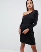 Asos Design One Shoulder Drapey Mini Dress-black