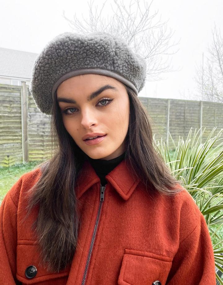 Asos Design Shearling Beret In Gray-grey