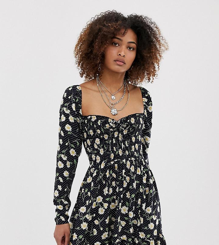 Collusion Floral Printed Shirred Skater Dress - Black