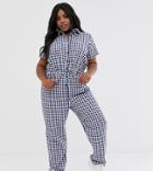 Daisy Street Plus Boiler Suit With Tie Waist In Gingham-navy