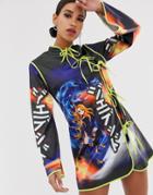 Jaded London Tie Front Dress With Anime Graphics - Black