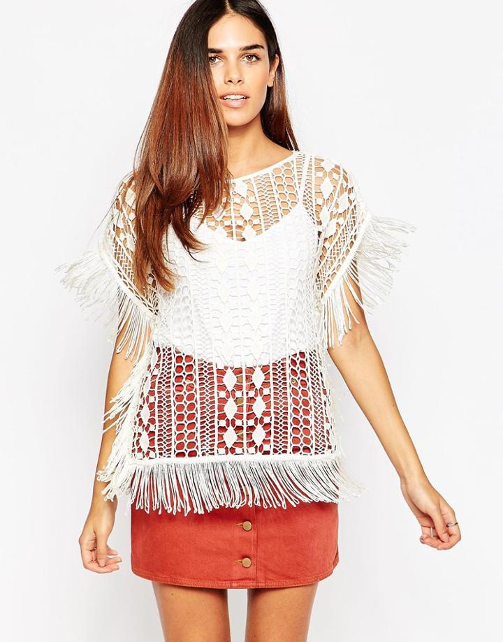 Warehouse Crochet Square Fringe Top - White