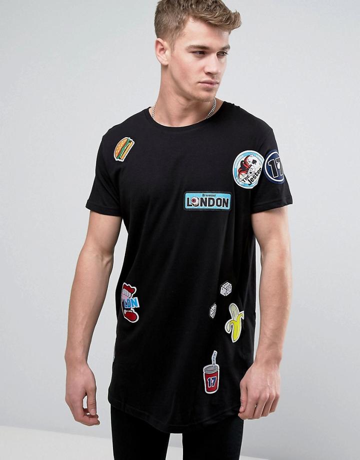 Brave Soul Longline Badged T-shirt - Black