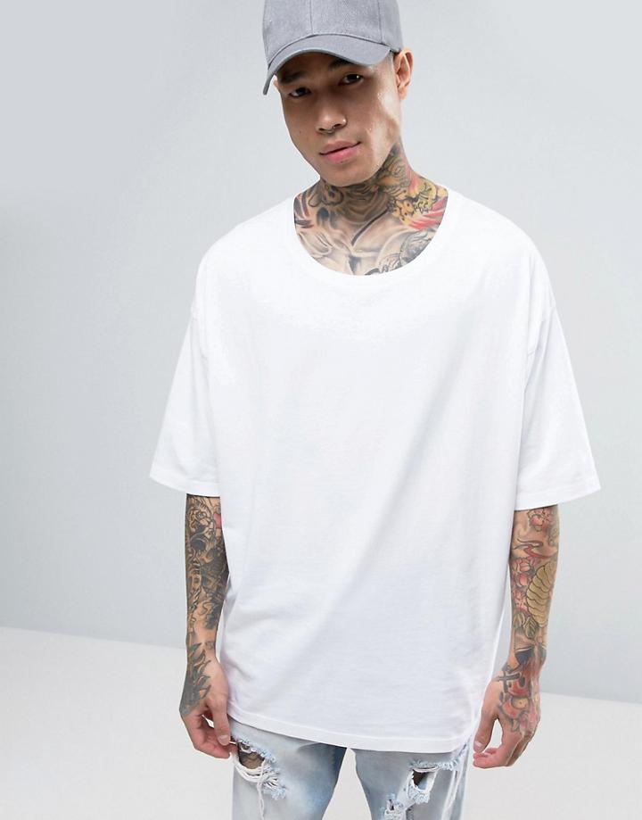 Asos Super Oversized T-shirt In White With Rib Scoop Neck - White