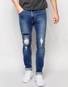 Dr Denim Jeans Leon Slim Tapered Ripped Mid Wash Blue - Mid Blue Ripped