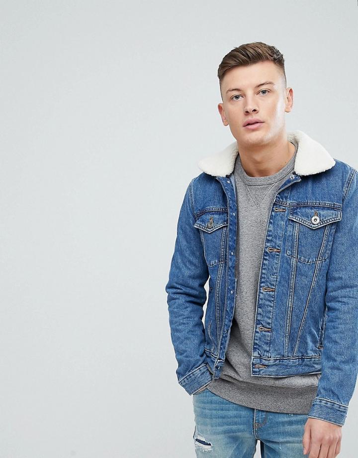 River Island Denim Jacket With Borg In Blue Wash - Blue