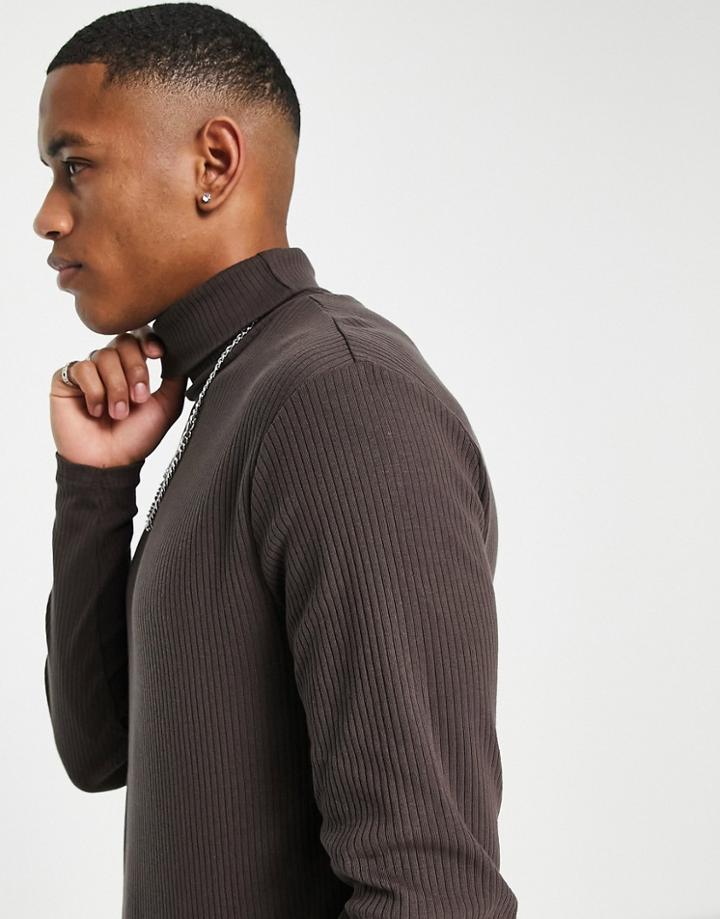 River Island Long Sleeve Ribbed Roll Neck Sweater In Brown