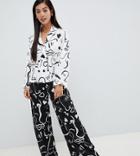 Asos Design Petite Mono Face Print Double Breasted Shirt And Pants Pyjama Set - White