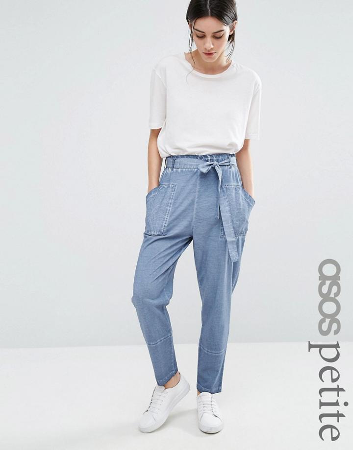 Asos Petite Tie Waist Peg Pants In Oil Wash - Green