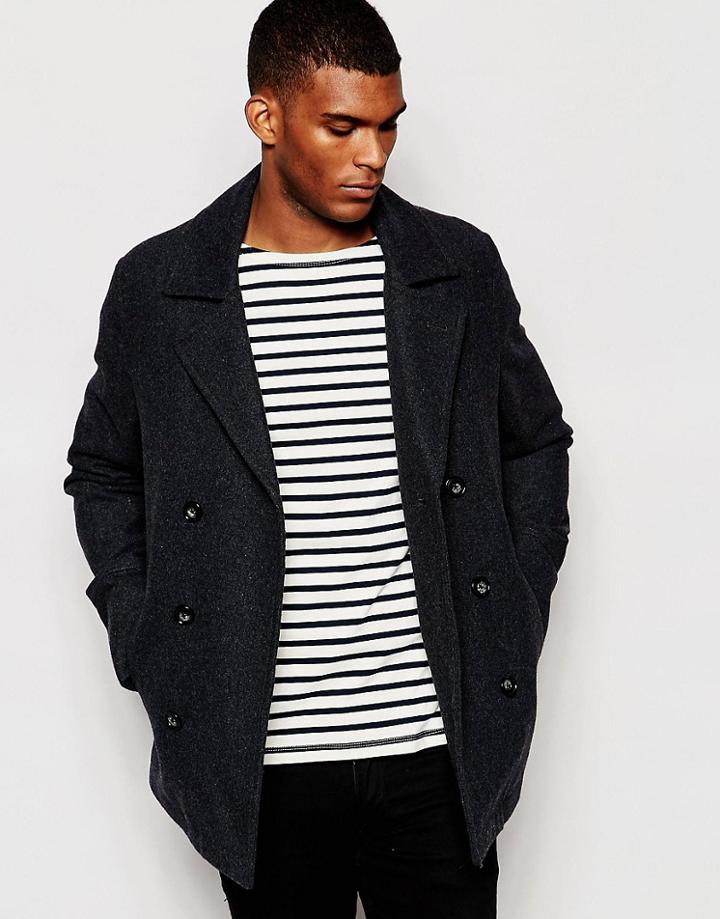 Asos Wool Peacoat In Dark Gray - Gray