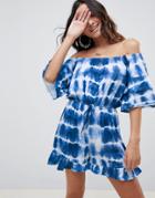 Asos Design Off Shoulder Jersey Romper With Frill Hem In Tie Dye - Multi