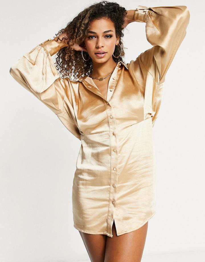 Pretty Lavish Button Up Shirt Mini Dress With Volume Sleeve In Peach Gold