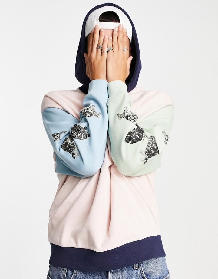 Asos Design Oversized Hoodie In Color Block With Turtle Placement Print-multi