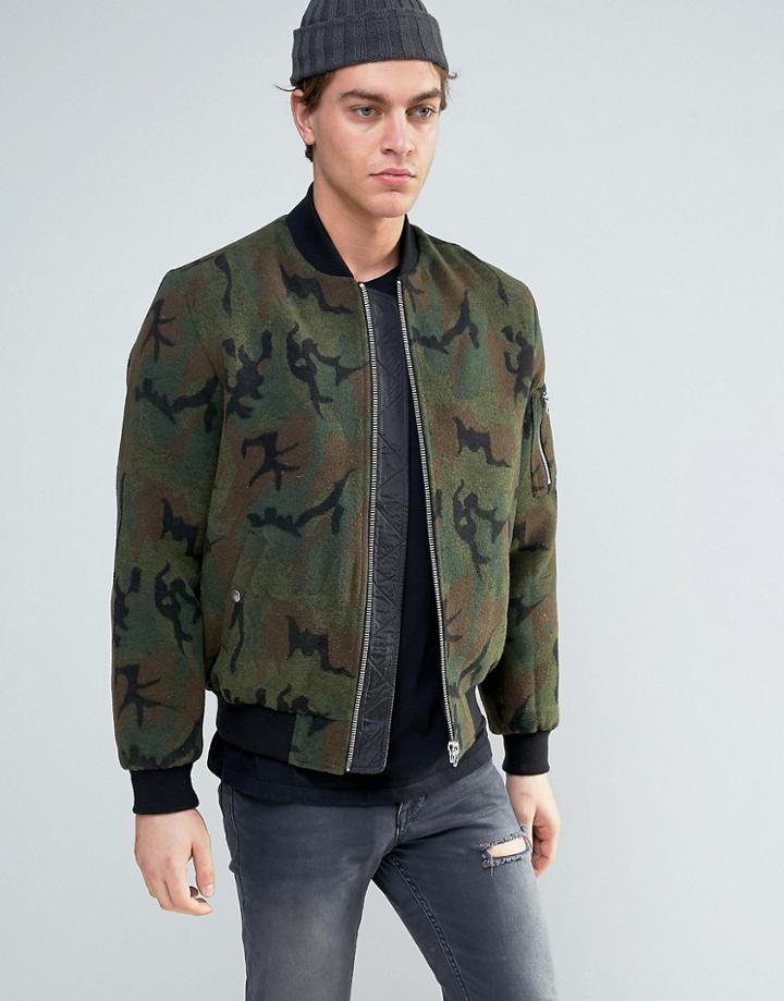 Asos Wool Mix Bomber Jacket In Camo Print - Multi