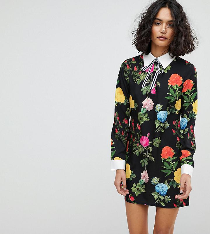 Reclaimed Vintage Inspired Shift Dress With Tie Neck In Floral - Black