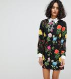 Reclaimed Vintage Inspired Shift Dress With Tie Neck In Floral - Black