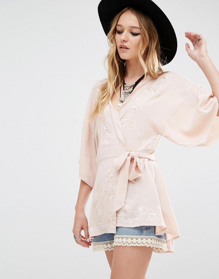 Honey Punch Tie Up Front Blouse With Embroidery - Pink