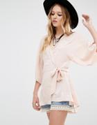 Honey Punch Tie Up Front Blouse With Embroidery - Pink
