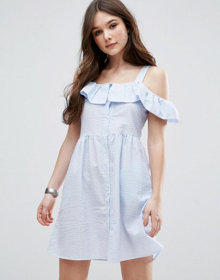 Qed London Frill Detail Skater Dress - Blue