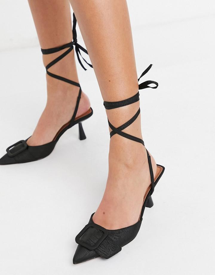 Asos Design Shelby Buckle Feature Tie Leg Mid Heels In Black