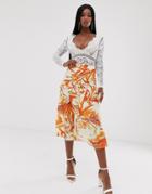 Lipsy Button Down Skirt In Orange Palm Print-multi