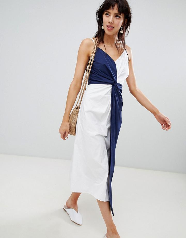 Warehouse Midi Dress With Knot Detail In Navy And White - Navy