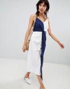 Warehouse Midi Dress With Knot Detail In Navy And White - Navy