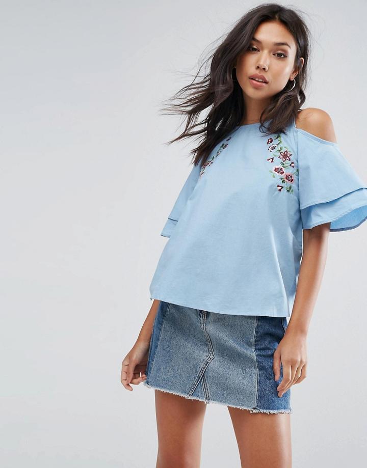 Prettylittlething Embroidered Cold Shoulder Blouse - Blue