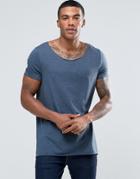 Asos Longline T-shirt With Raw Scoop Neck In Blue Marl - Blue
