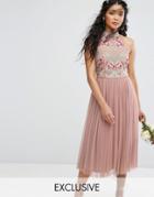 Maya High Neck Embroidered Rose Tulle Midi Dress - Brown