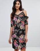 Daisy Street Floral Cold Shoulder Dress With Lace Neckline - Black