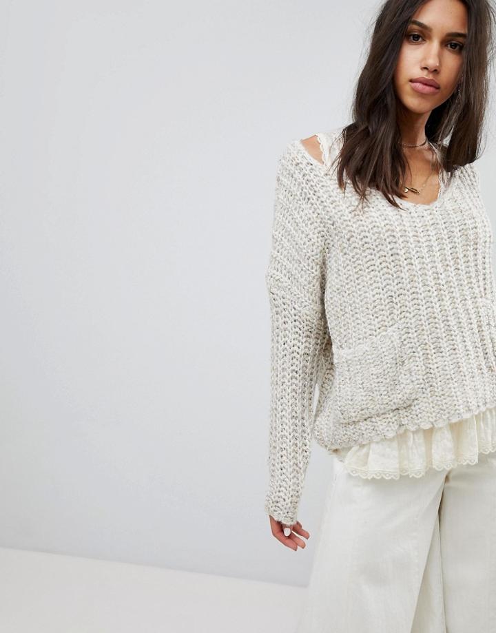 Raga Lazy Dayz Chunky V Neck Sweater-beige