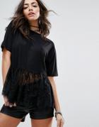 Prettylittlething Lace Hem Oversized T-shirt - Black