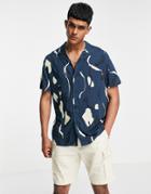 Asos Design Relaxed Revere Shirt In Deep Navy Abstract Print