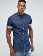 Asos Skinny Denim Shirt With Grandad Collar - Navy