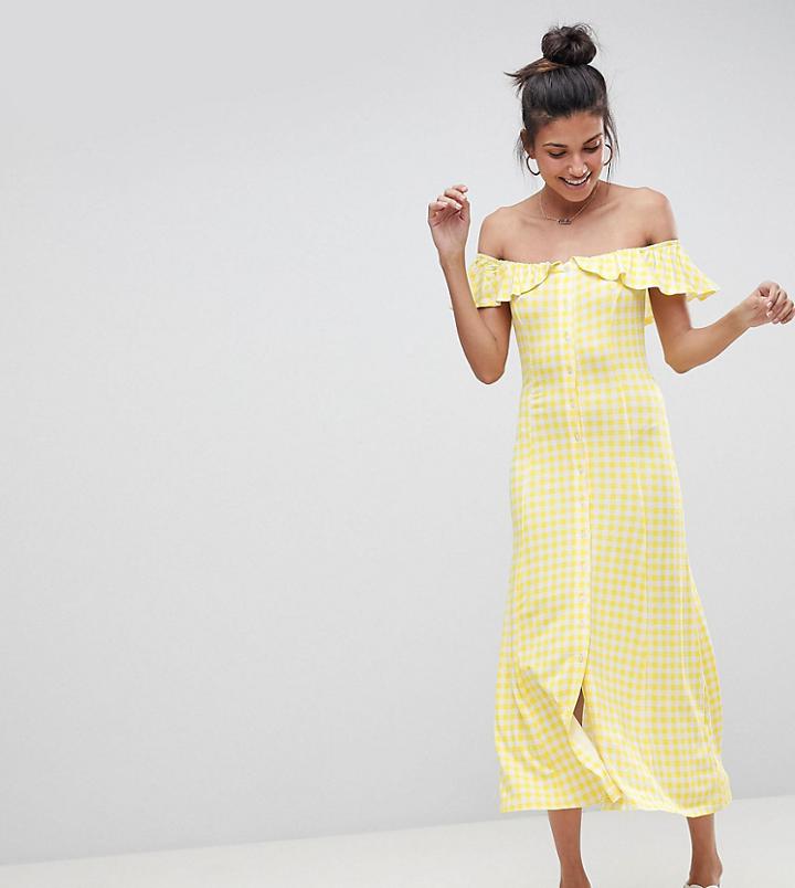 Asos Tall Off Shoulder Button Through Midi Sundress In Gingham - Multi