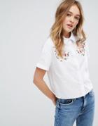 Bershka Embroidered Front Boxy Shirt - White