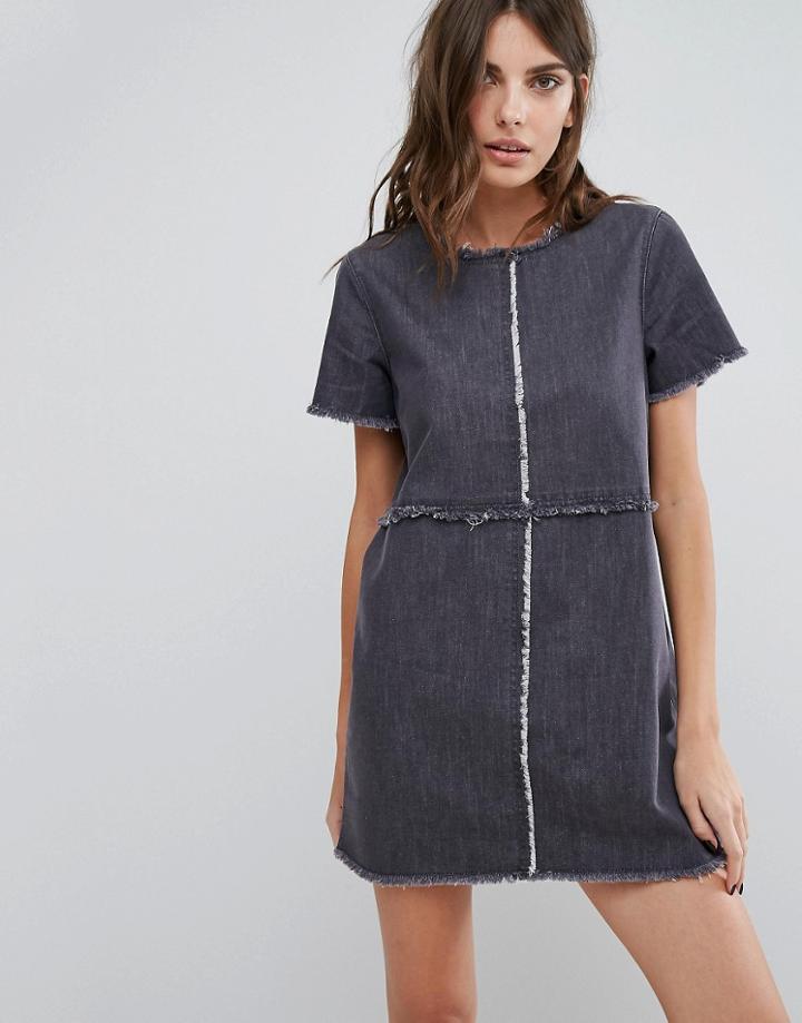Neon Rose Raw Edge Denim Dress - Gray