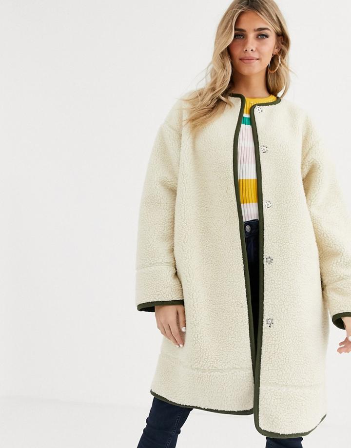 Asos Design Collarless Borg Coat With Seam Detail In Cream