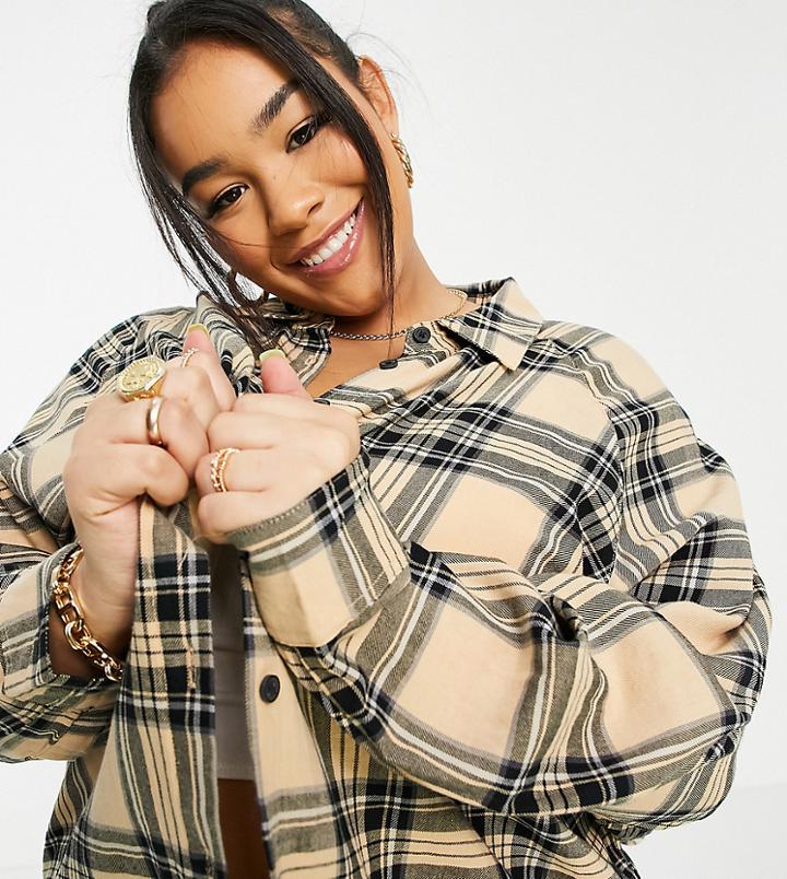 Asos Design Curve Long Sleeve Boyfriend Shirt In Tan And Black Check Print-multi