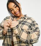Asos Design Curve Long Sleeve Boyfriend Shirt In Tan And Black Check Print-multi