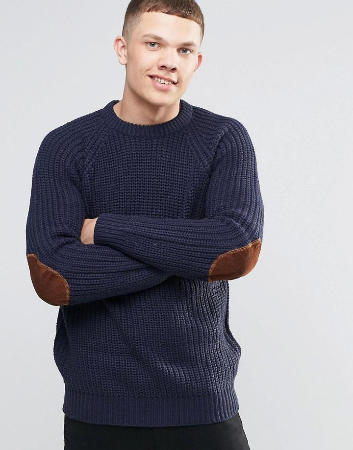 Brave Soul Fisherman Rib Sweater In Crew Neck - Navy