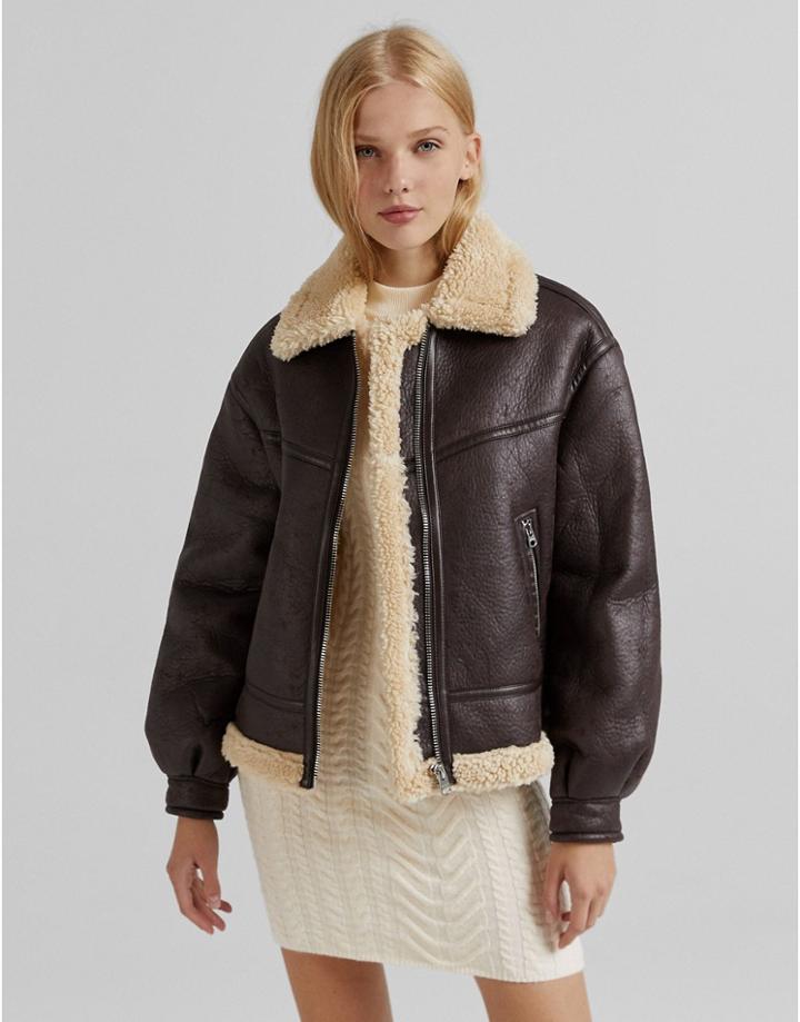 Bershka Aviator Jacket In Brown